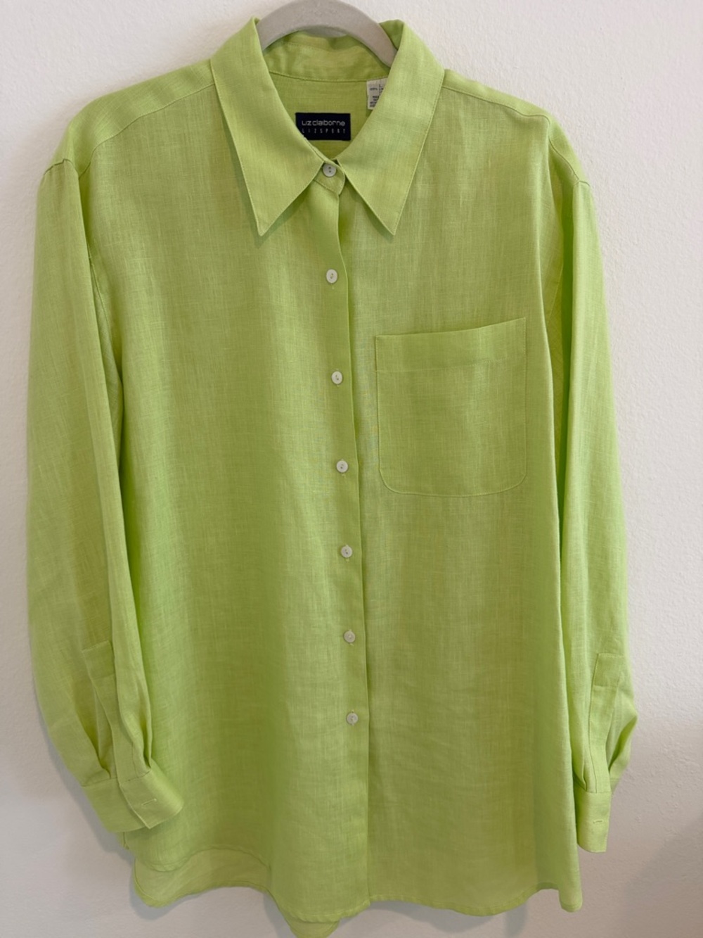 Liz Claiborne Lizsport 100% Linen Button Down Shirt Lime Green Size L - Picture 3 of 6